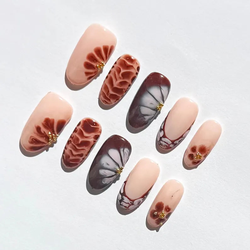 Soft Nude Brown Press On Nails |Marble White Blooming Floral with Gold Pearl Accents