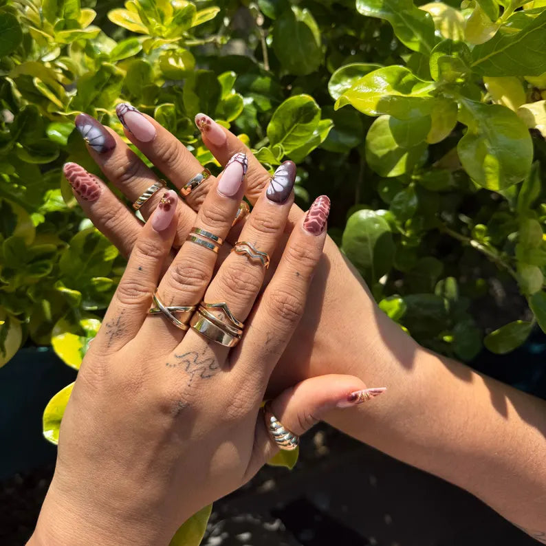 Soft Nude Brown Press On Nails |Marble White Blooming Floral with Gold Pearl Accents