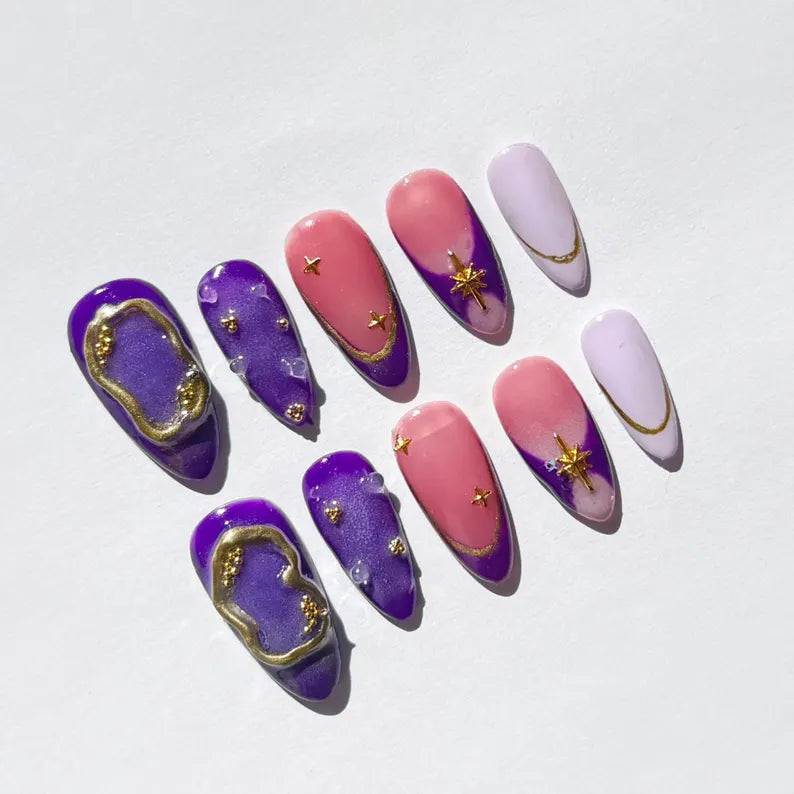 Celestial Press On Nails | Purple & Pink Galaxy Nail Set with Gold Foil & Star Charms