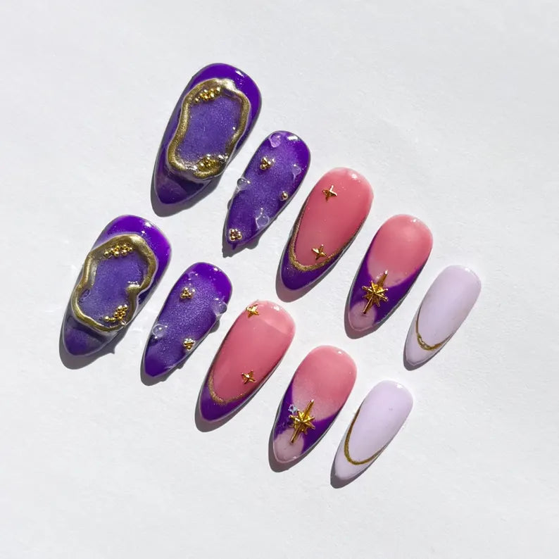 Celestial Press On Nails | Purple & Pink Galaxy Nail Set with Gold Foil & Star Charms