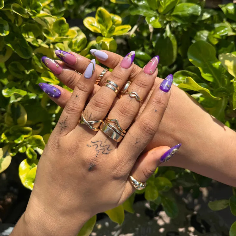 Celestial Press On Nails | Purple & Pink Galaxy Nail Set with Gold Foil & Star Charms