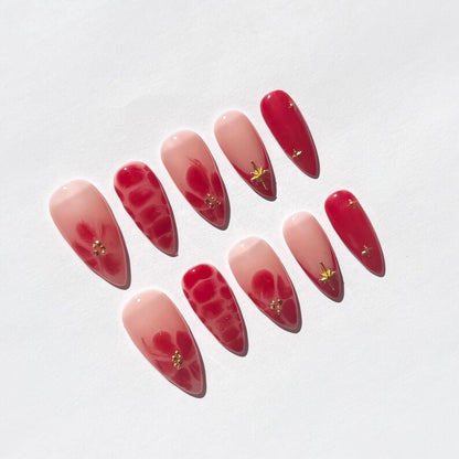 Romantic Red Floral Press On Nails | Glossy Pink Nude Almond Nails with Gold Charms
