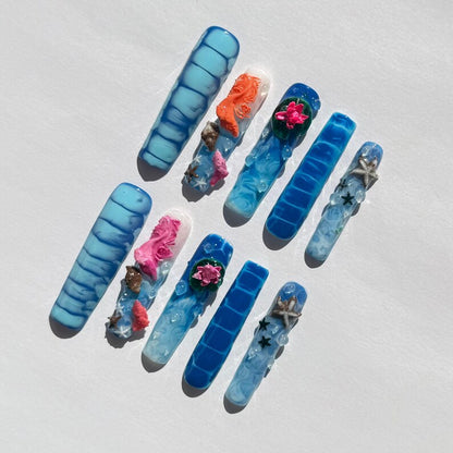3D Ocean Mermaid Press On Nails | Blue Water Marble, Starfish, Lotus, Coral & Seashell Nail Art