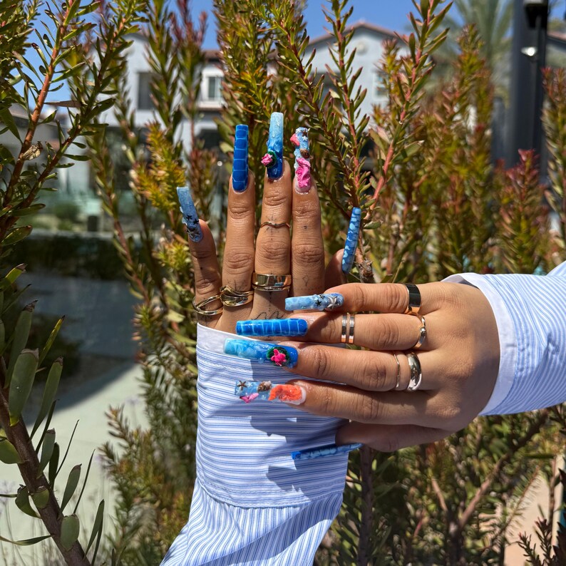 3D Ocean Mermaid Press On Nails | Blue Water Marble, Starfish, Lotus, Coral & Seashell Nail Art