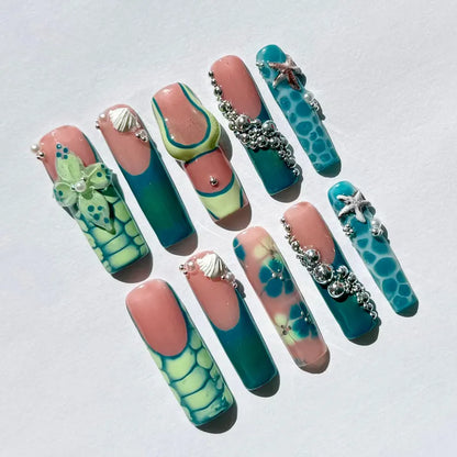 Summer Beach Press-On Nails| Ocean Blue Green Mermaid Set with 3D Shells, Starfish & Flowers |Bikini Nail Art