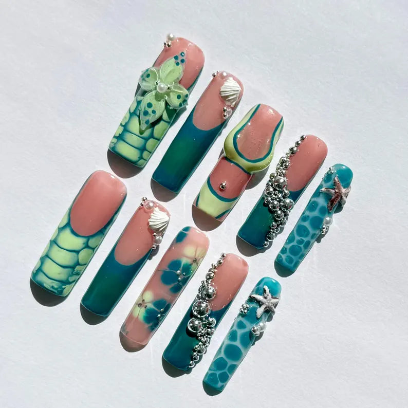 Summer Beach Press-On Nails| Ocean Blue Green Mermaid Set with 3D Shells, Starfish & Flowers |Bikini Nail Art