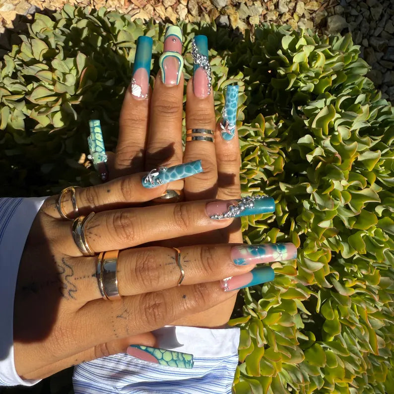 Summer Beach Press-On Nails| Ocean Blue Green Mermaid Set with 3D Shells, Starfish & Flowers |Bikini Nail Art