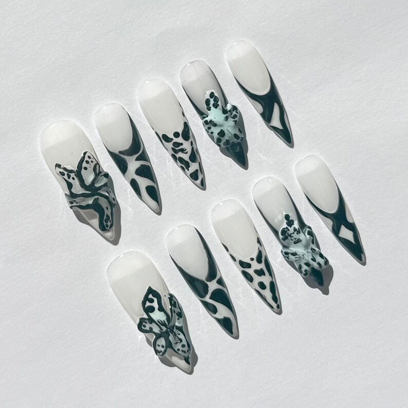 3D Green Abstract Stiletto Press On Nails | White Base with Floral & Pattern Accents
