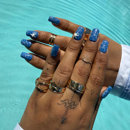 Ocean Bubble Blue Press On Nails |3D Water Effect with White Starfish Accent |Sea Wave Short Square Nail Set