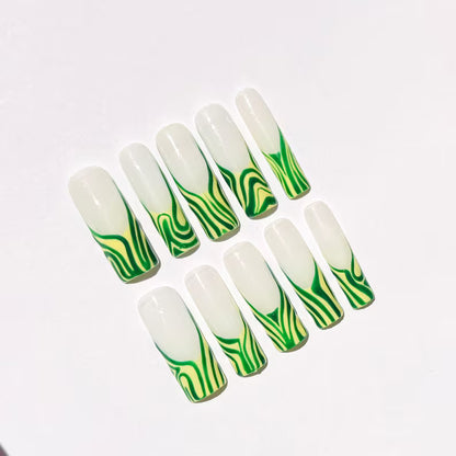 Summer Green Swirl Press On Nails |Abstract Wavy Nail Art| Handmade Coffin Nail Set