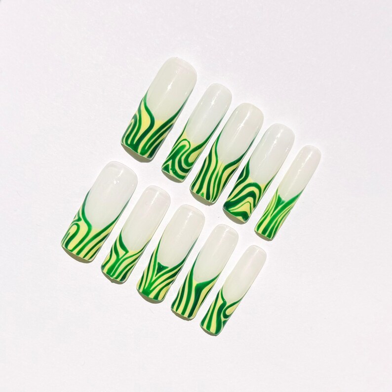 Summer Green Swirl Press On Nails |Abstract Wavy Nail Art| Handmade Coffin Nail Set