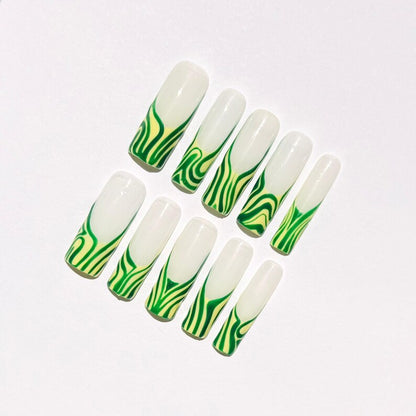 Summer Green Swirl Press On Nails |Abstract Wavy Nail Art| Handmade Coffin Nail Set
