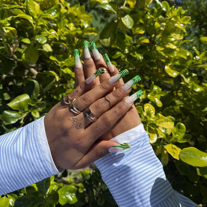 Summer Green Swirl Press On Nails |Abstract Wavy Nail Art| Handmade Coffin Nail Set