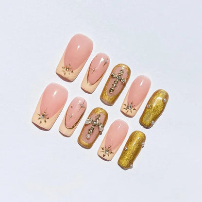 Luxury Nude & Gold Press On Nails| Cross and Star Charms Design | Rhinestone Pearl Accents