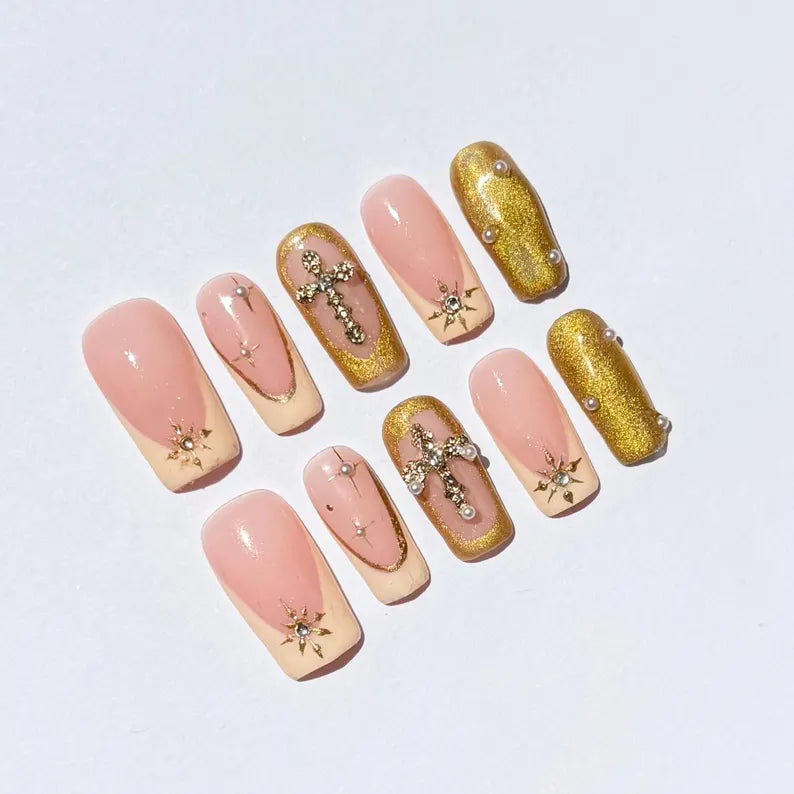 Luxury Nude & Gold Press On Nails| Cross and Star Charms Design | Rhinestone Pearl Accents