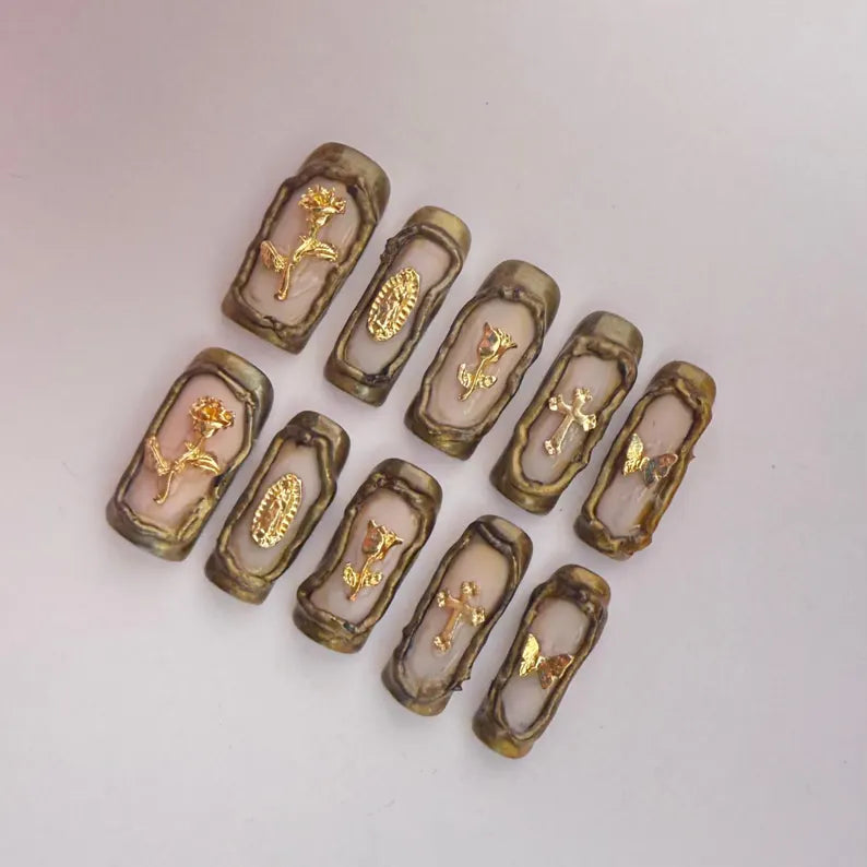 Gothic Gold 3D Coffin Press On Nails | Vintage Cross, Rose & Butterfly Charms