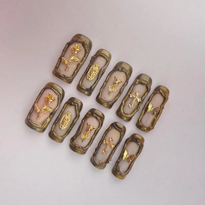 Gothic Gold 3D Coffin Press On Nails | Vintage Cross, Rose & Butterfly Charms