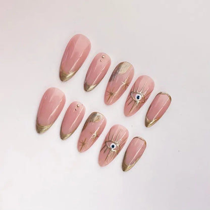 Pink Gold Evil Eye Almond French Tip Nails | Hand Painted Star & Eye Protective Nail Design
