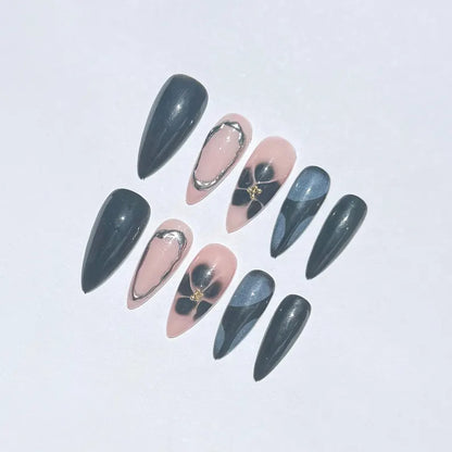 Pink Black Floral Almond Nails |Silver Chrome Outline Design |Classy Press On Nail Set