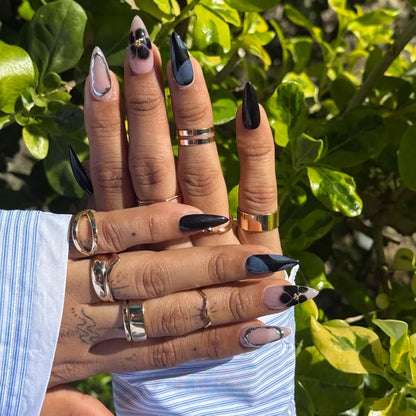 Pink Black Floral Almond Nails |Silver Chrome Outline Design |Classy Press On Nail Set