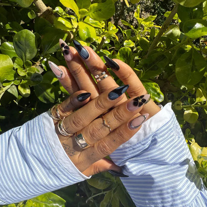 Pink Black Floral Almond Nails |Silver Chrome Outline Design |Classy Press On Nail Set