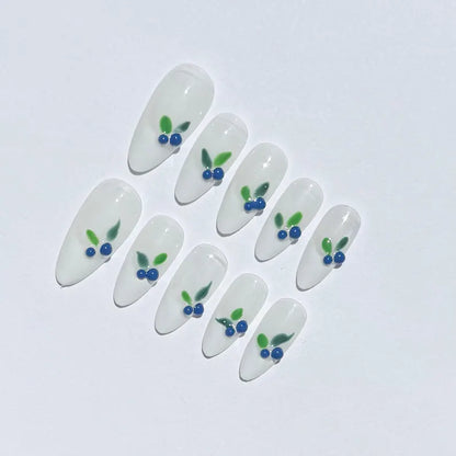 Blueberry Press On Nails | Hand Painted Fruit Nail Art | White Soft Base Cute Summer Fake Nail Set