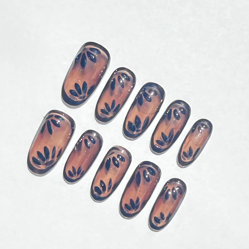 Nude And Black Leaf Press On Nails |Neutral Gradient Short Nails | Minimalist Botanical Fake Nails