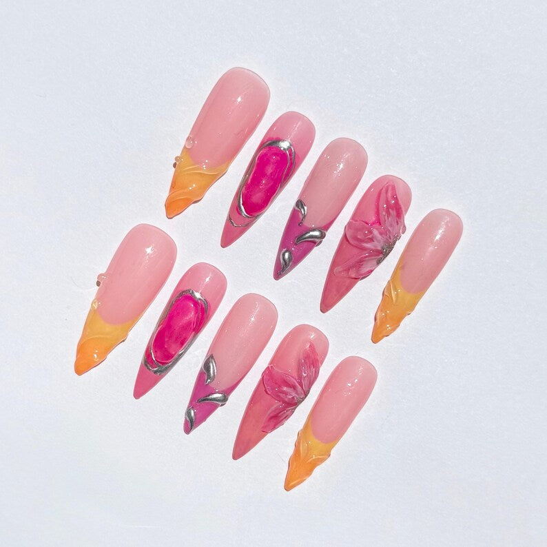 Hot Pink Gradient Long Stiletto  Press On Nails with Orange Flames | Metallic and 3D Floral Nail Art