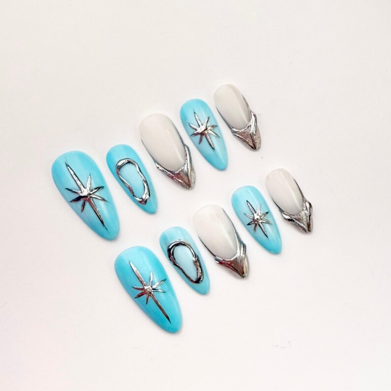 Blue Chrome Star Long Stiletto Press On Nails |Silver Outline 3D Design |Trendy Celestial Nails