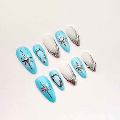 Blue Chrome Star Long Stiletto Press On Nails |Silver Outline 3D Design |Trendy Celestial Nails