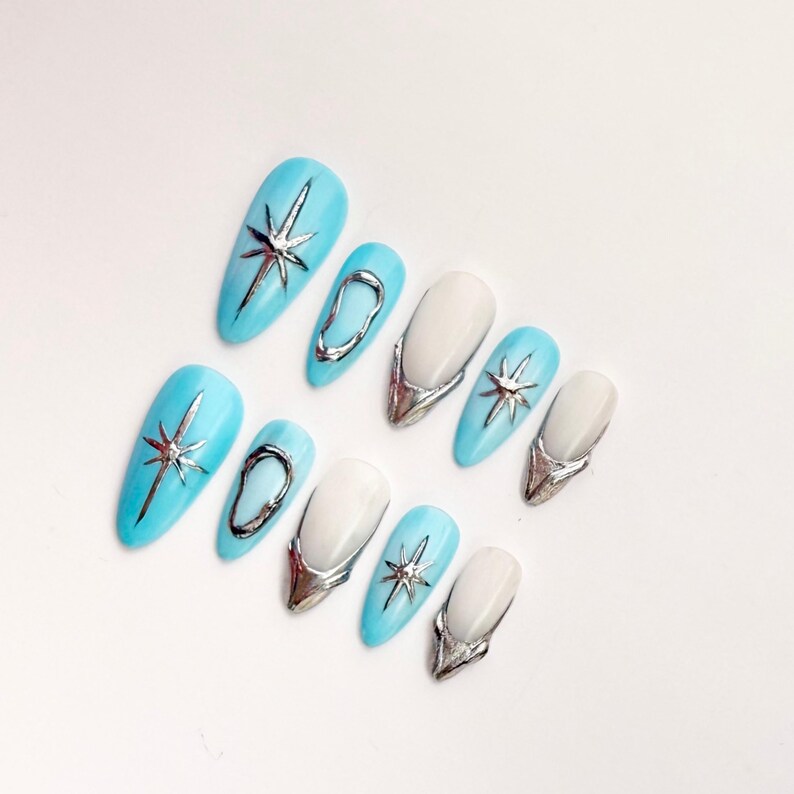 Blue Chrome Star Long Stiletto Press On Nails |Silver Outline 3D Design |Trendy Celestial Nails