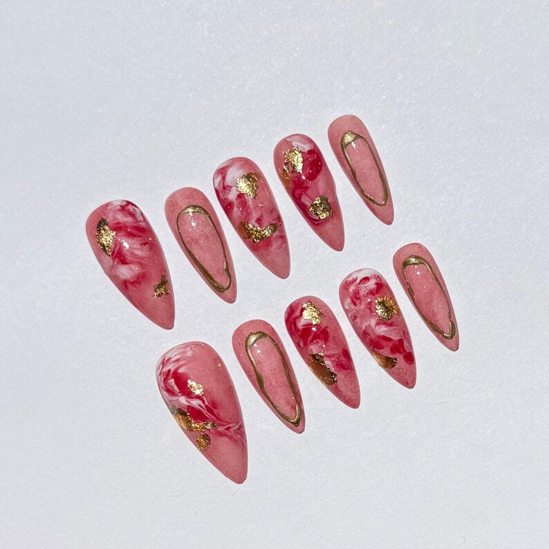 Pink Marble Press On Nails with Gold Foil | Handmade Reusable Stiletto Nail Set | Elegant Swirl Design