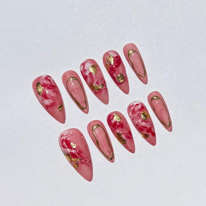 Pink Marble Press On Nails with Gold Foil | Handmade Reusable Stiletto Nail Set | Elegant Swirl Design