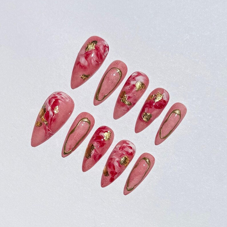 Pink Marble Press On Nails with Gold Foil | Handmade Reusable Stiletto Nail Set | Elegant Swirl Design