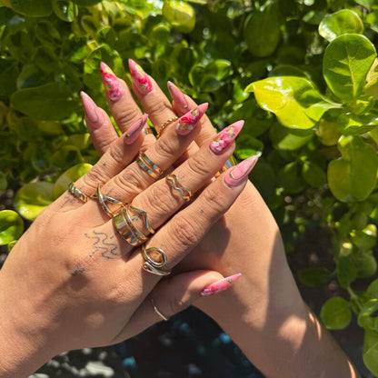 Pink Marble Press On Nails with Gold Foil | Handmade Reusable Stiletto Nail Set | Elegant Swirl Design