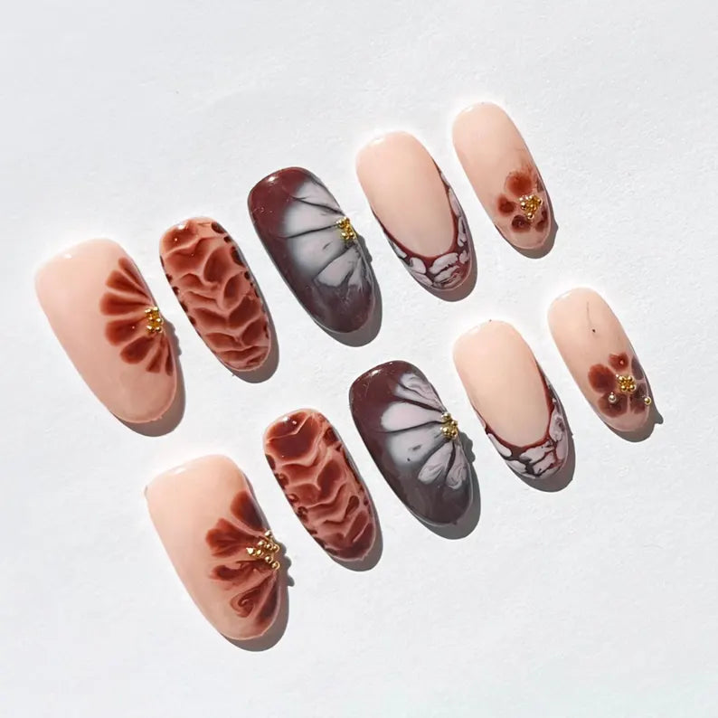 Soft Nude Brown Press On Nails |Marble White Blooming Floral with Gold Pearl Accents