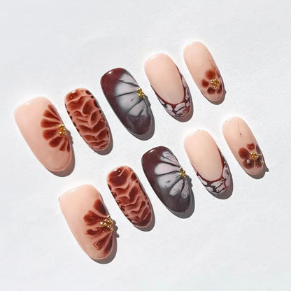 Soft Nude Brown Press On Nails |Marble White Blooming Floral with Gold Pearl Accents