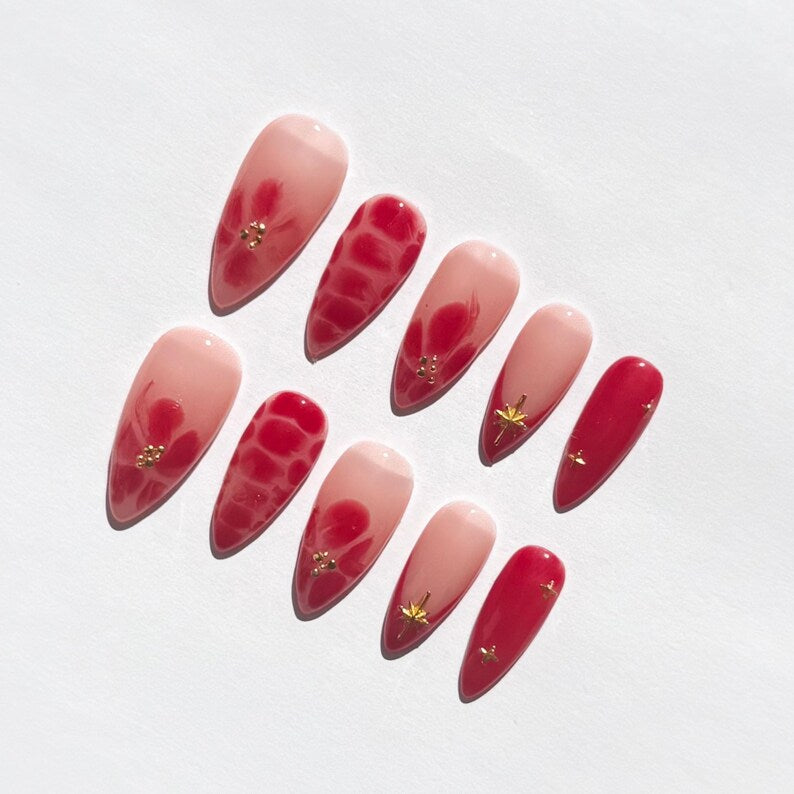 Romantic Red Floral Press On Nails | Glossy Pink Nude Almond Nails with Gold Charms