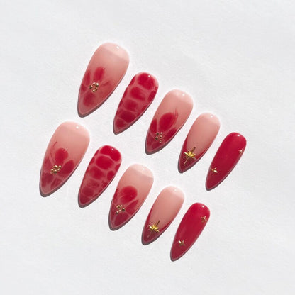 Romantic Red Floral Press On Nails | Glossy Pink Nude Almond Nails with Gold Charms