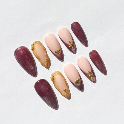 Burgundy and Nude Press On Nails | Glossy Almond Nails with Gold Heart & Star Charms