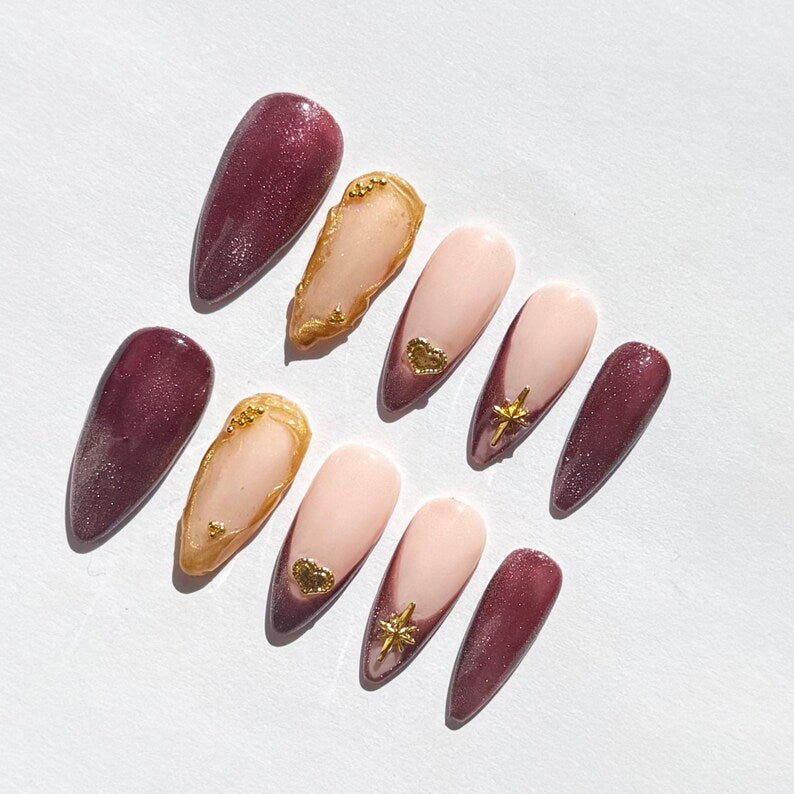 Burgundy and Nude Press On Nails | Glossy Almond Nails with Gold Heart & Star Charms