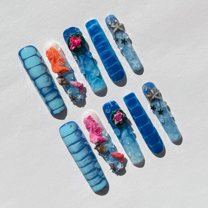 3D Ocean Mermaid Press On Nails | Blue Water Marble, Starfish, Lotus, Coral & Seashell Nail Art