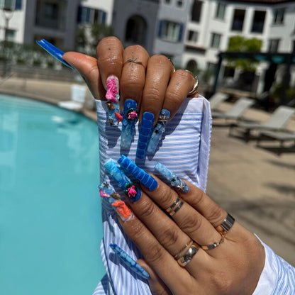 3D Ocean Mermaid Press On Nails | Blue Water Marble, Starfish, Lotus, Coral & Seashell Nail Art