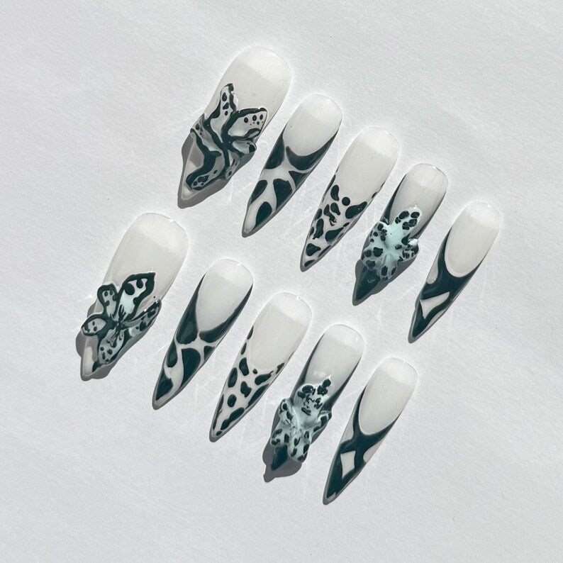 3D Green Abstract Stiletto Press On Nails | White Base with Floral & Pattern Accents