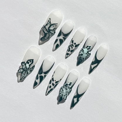 3D Green Abstract Stiletto Press On Nails | White Base with Floral & Pattern Accents