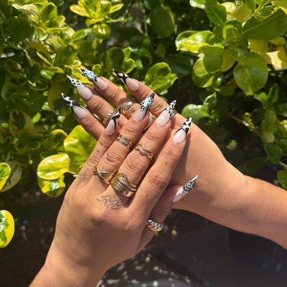 3D Green Abstract Stiletto Press On Nails | White Base with Floral & Pattern Accents