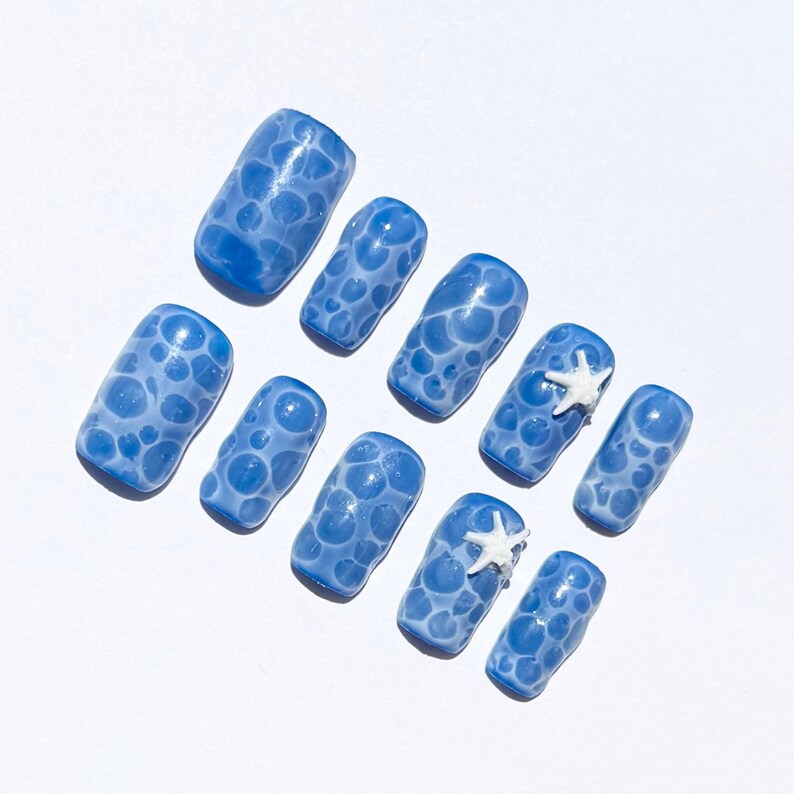Ocean Bubble Blue Press On Nails |3D Water Effect with White Starfish Accent |Sea Wave Short Square Nail Set