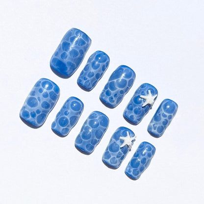 Ocean Bubble Blue Press On Nails |3D Water Effect with White Starfish Accent |Sea Wave Short Square Nail Set