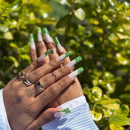 Summer Green Swirl Press On Nails |Abstract Wavy Nail Art| Handmade Coffin Nail Set
