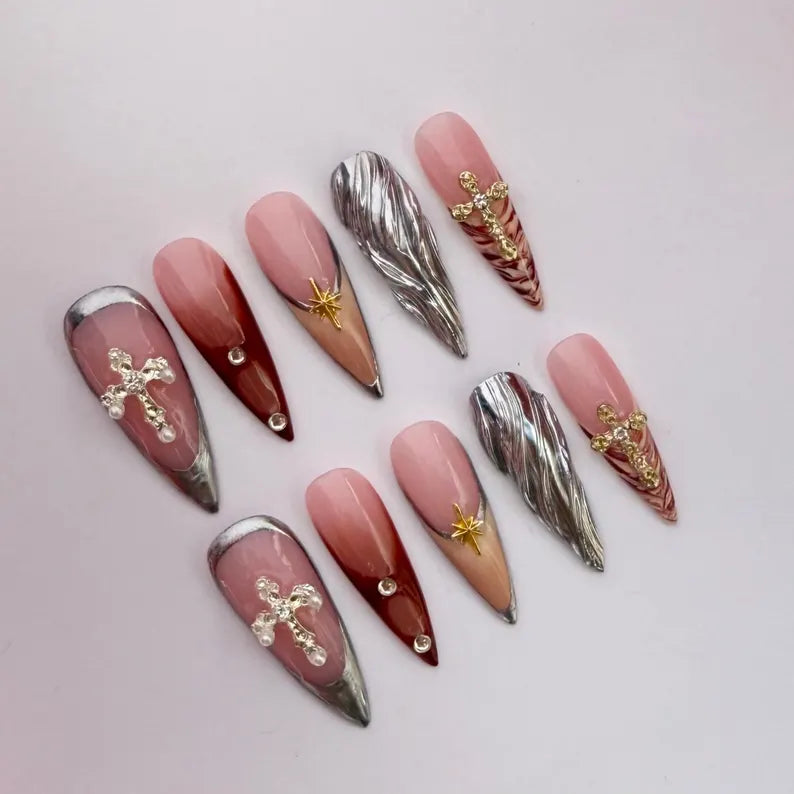 Luxury Burgundy & Silver Chrome Press On Nails |Cross and Star Charms | Long Stiletto Animal Print Nails